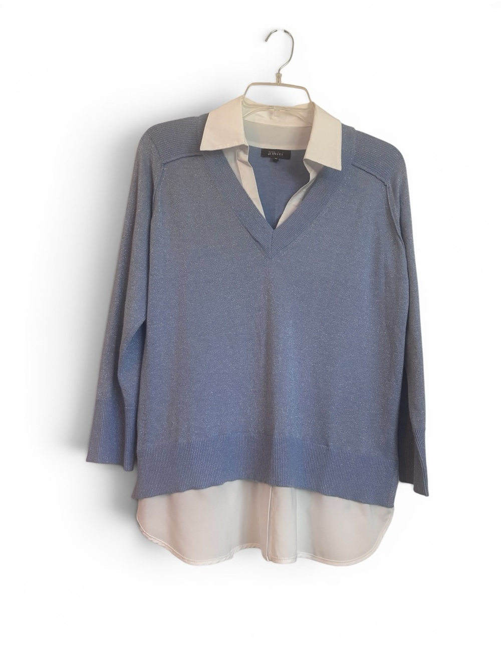 Pure Amici Light Blue Silver V‑Neck Layered Sweater with Cream Shirt Collar M